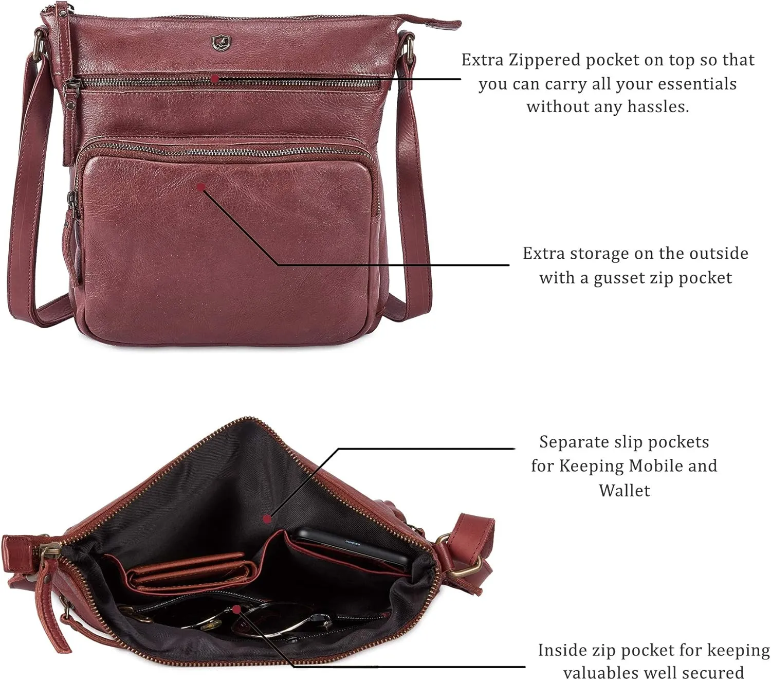 Crossbody Bags for Women Real Leather Purse Handmade Vintage Crossover Shoulder Pocketbook