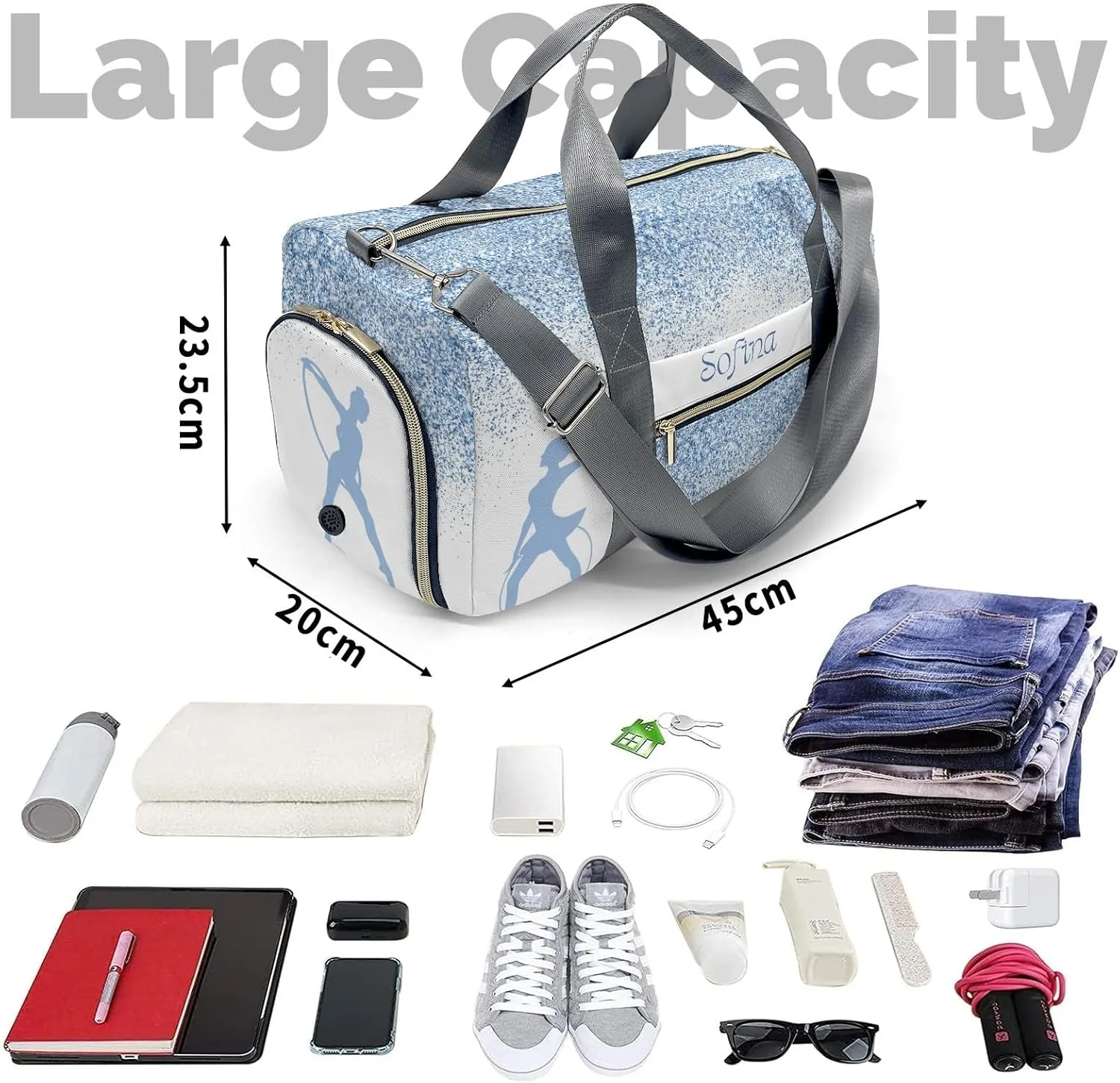 Custom Adult Duffel Bag Blue Glitter Rhythmic Gymnastics Jump Travel Light: The Best Lightweight Bags for Fitness Enthusiasts