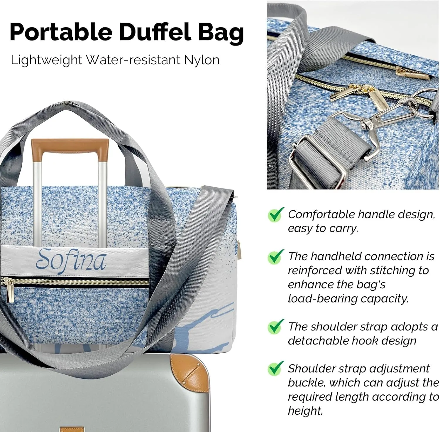 Custom Adult Duffel Bag Blue Glitter Rhythmic Gymnastics Jump Travel Light: The Best Lightweight Bags for Fitness Enthusiasts