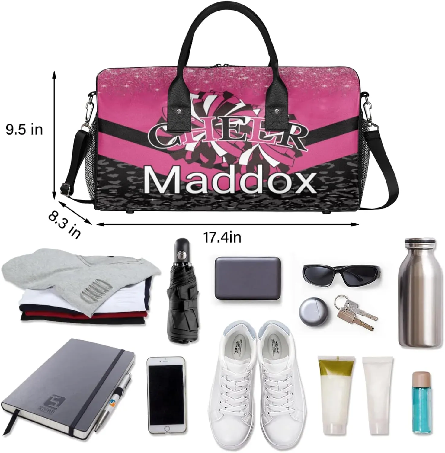 Custom Cheer Bags with Name for Cheerleader, Personalized Sport Duffel Bag Gym Bag for Women, Custom Travel Tote Bags, Dark Pink Black Overnight Weekender Bags