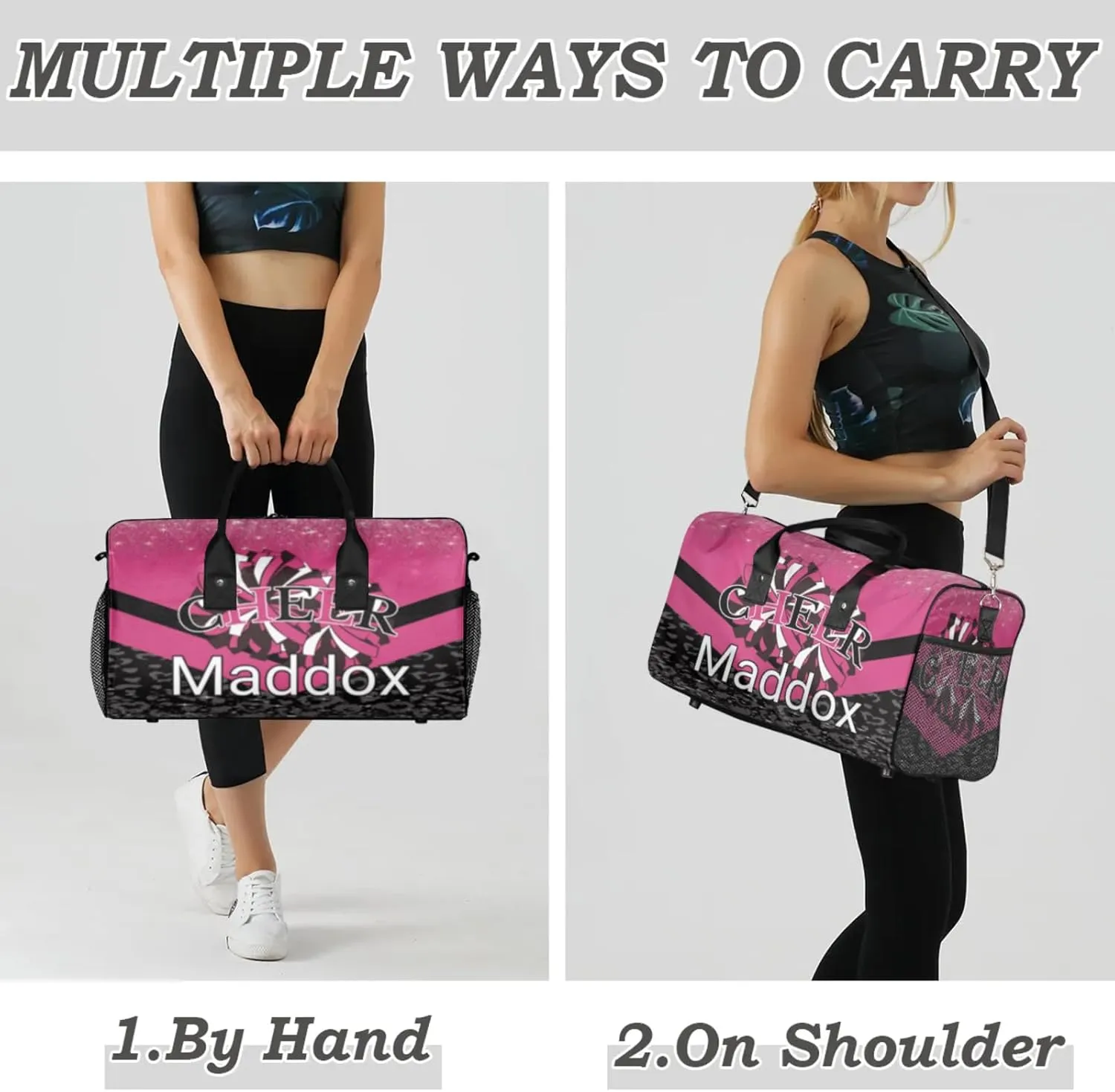 Custom Cheer Bags with Name for Cheerleader, Personalized Sport Duffel Bag Gym Bag for Women, Custom Travel Tote Bags, Dark Pink Black Overnight Weekender Bags