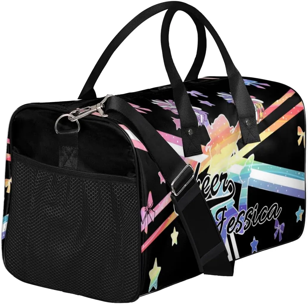 Custom Cheer Name Sport Duffel Bag Gym Bag Personalized Cheer Bags for Cheerleaders, Travel Overnight Weekender Bags, Colorful Rainbow