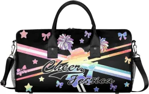 Custom Cheer Name Sport Duffel Bag Gym Bag Personalized Cheer Bags for Cheerleaders, Travel Overnight Weekender Bags, Colorful Rainbow