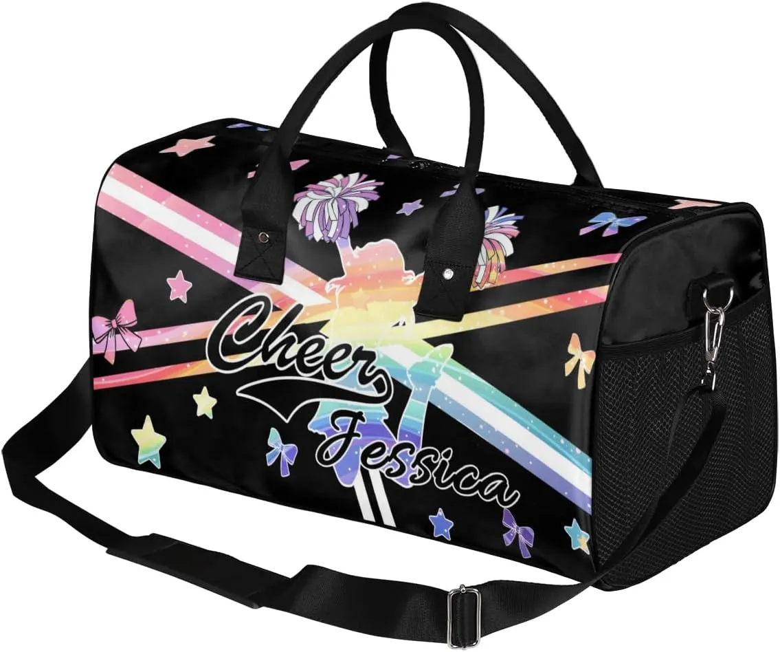 Custom Cheer Name Sport Duffel Bag Gym Bag Personalized Cheer Bags for Cheerleaders, Travel Overnight Weekender Bags, Colorful Rainbow