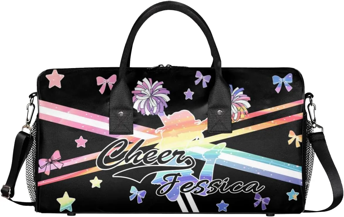 Custom Cheer Name Sport Duffel Bag Gym Bag Personalized Cheer Bags for Cheerleaders, Travel Overnight Weekender Bags, Colorful Rainbow