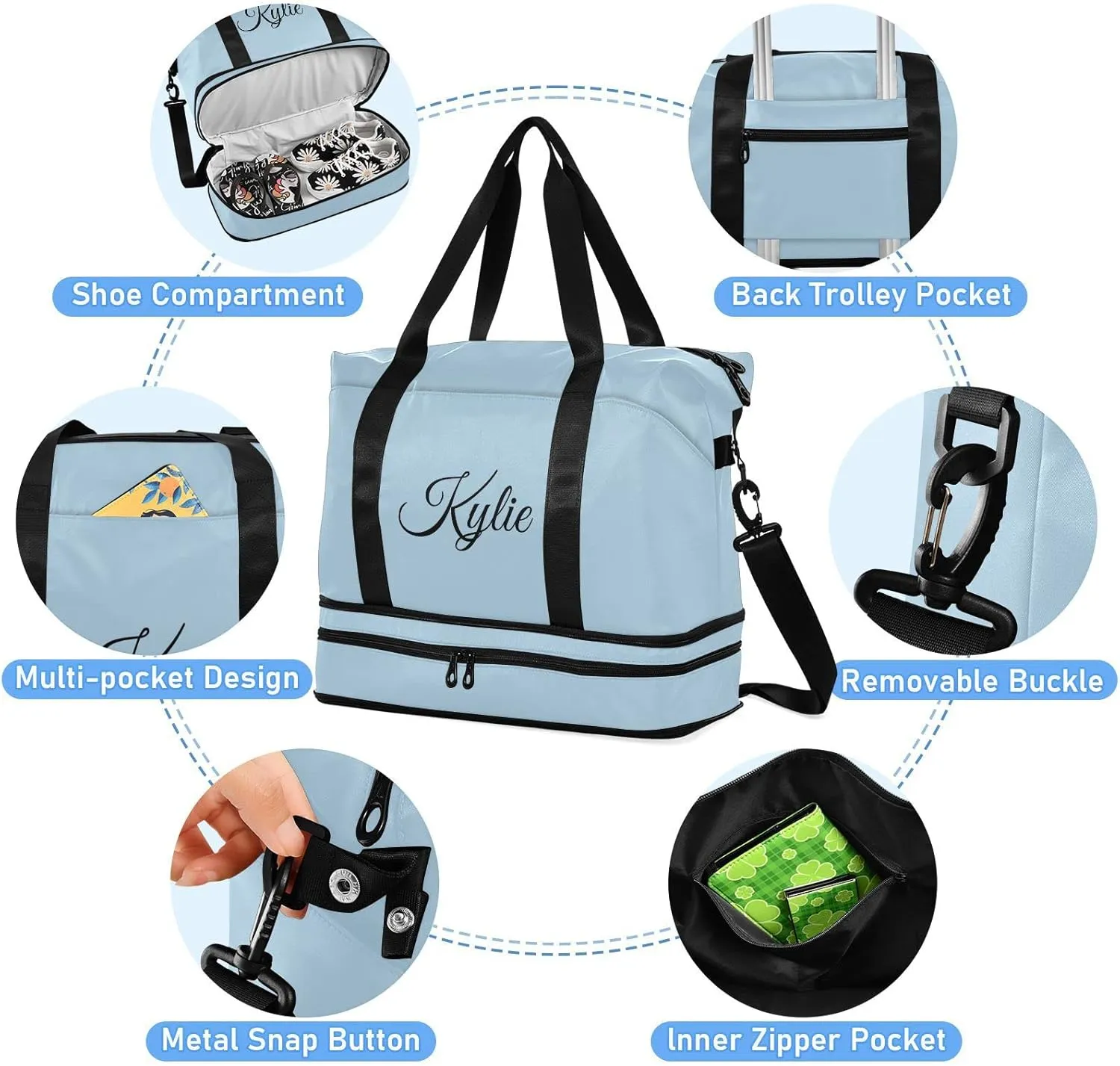 Custom Gym Duffel Bag - Light Blue, Personalized, Shoe Compartment, Weekender, Carry On, Overnight Bag for Women's Travel, Gym, Yoga, Sports