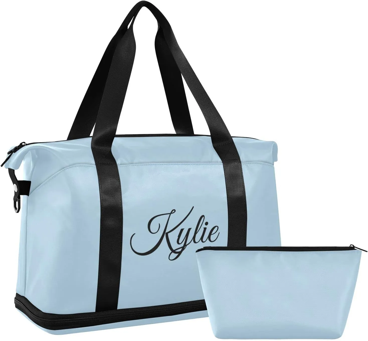 Custom Gym Duffel Bag - Light Blue, Personalized, Shoe Compartment, Weekender, Carry On, Overnight Bag for Women's Travel, Gym, Yoga, Sports