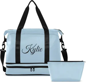 Custom Gym Duffel Bag - Light Blue, Personalized, Shoe Compartment, Weekender, Carry On, Overnight Bag for Women's Travel, Gym, Yoga, Sports
