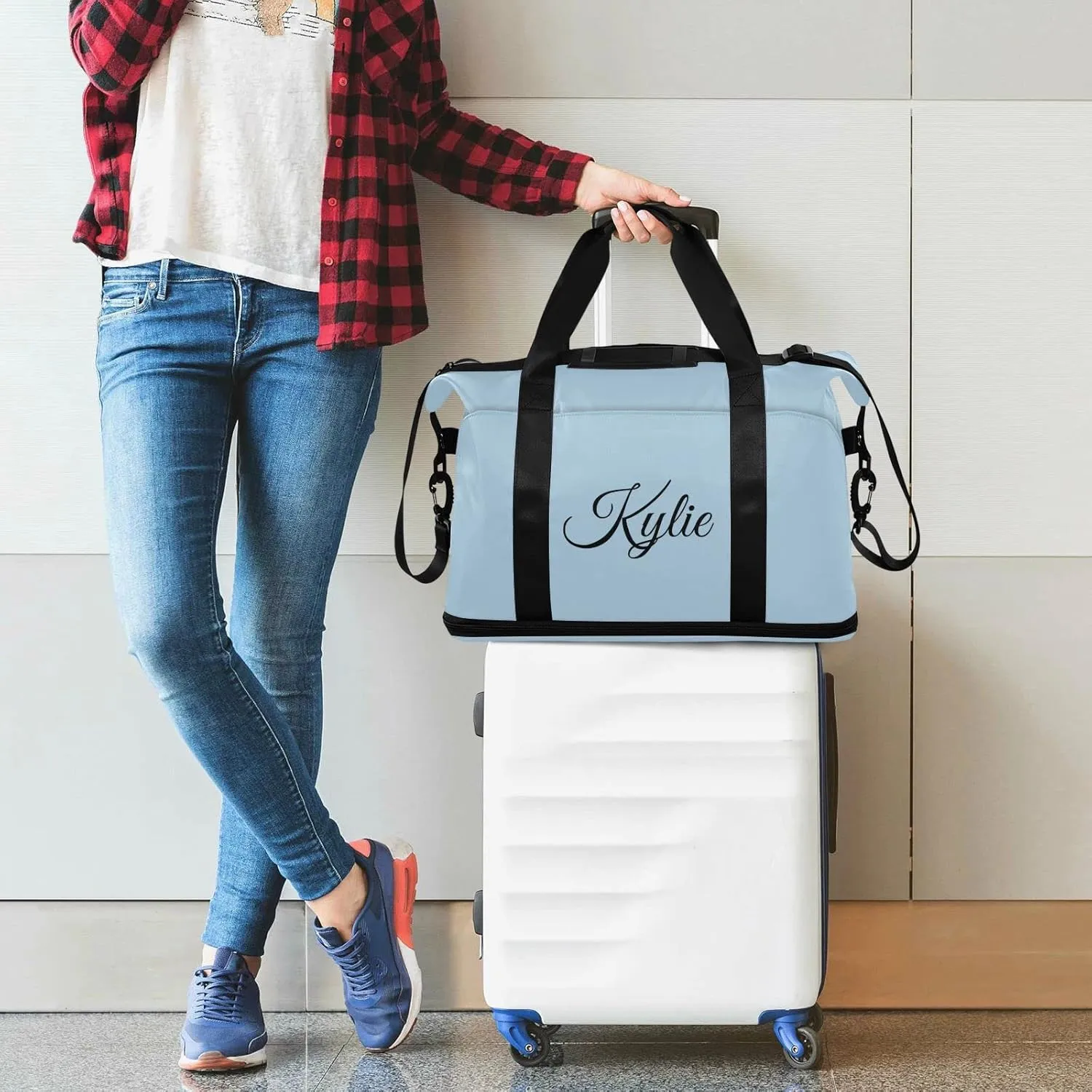 Custom Gym Duffel Bag - Light Blue, Personalized, Shoe Compartment, Weekender, Carry On, Overnight Bag for Women's Travel, Gym, Yoga, Sports