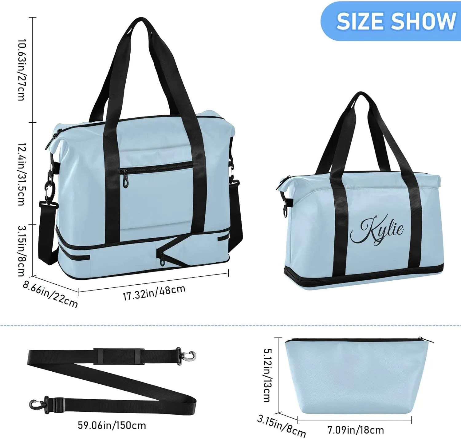 Custom Gym Duffel Bag - Light Blue, Personalized, Shoe Compartment, Weekender, Carry On, Overnight Bag for Women's Travel, Gym, Yoga, Sports