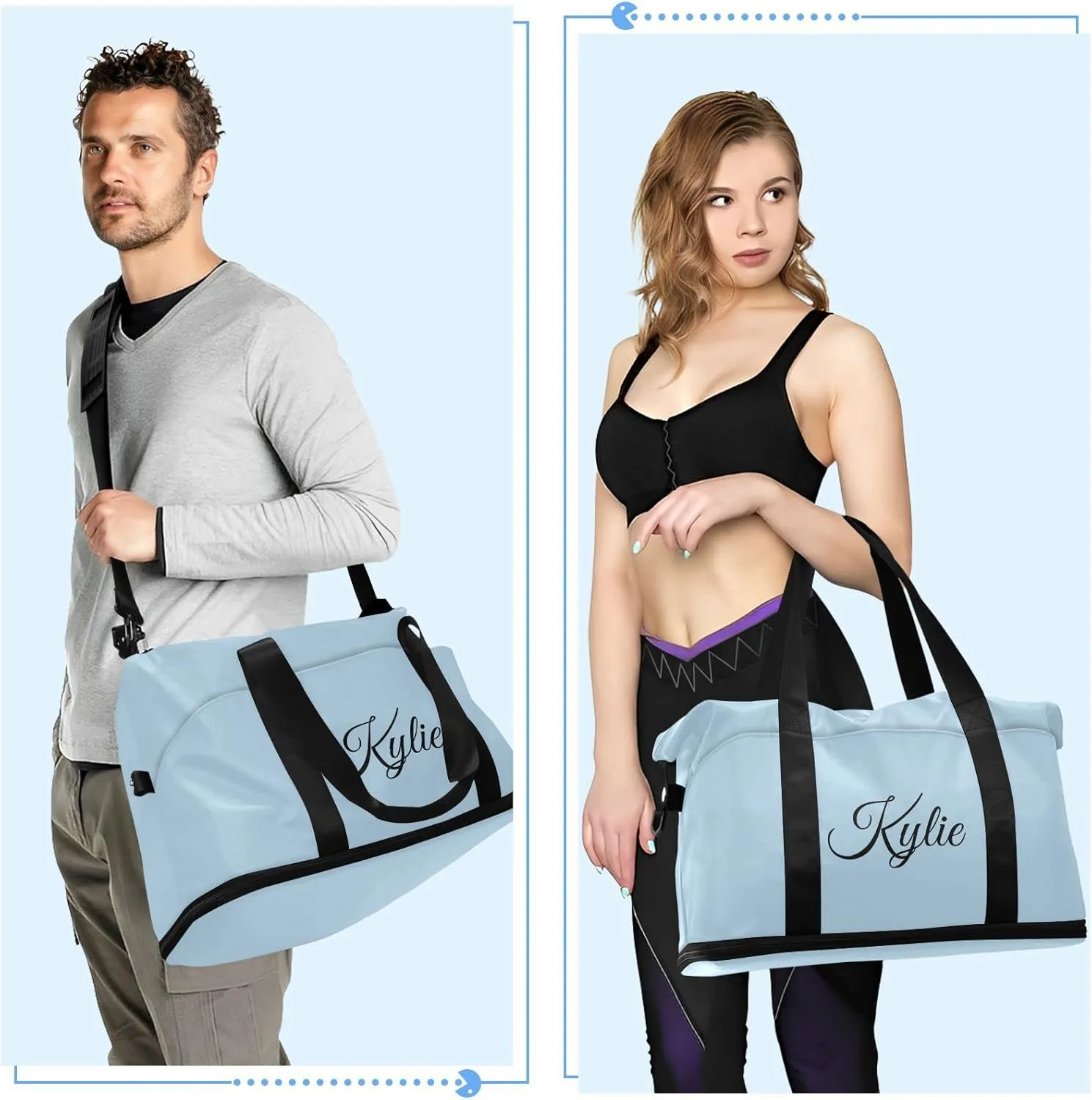 Custom Gym Duffel Bag - Light Blue, Personalized, Shoe Compartment, Weekender, Carry On, Overnight Bag for Women's Travel, Gym, Yoga, Sports