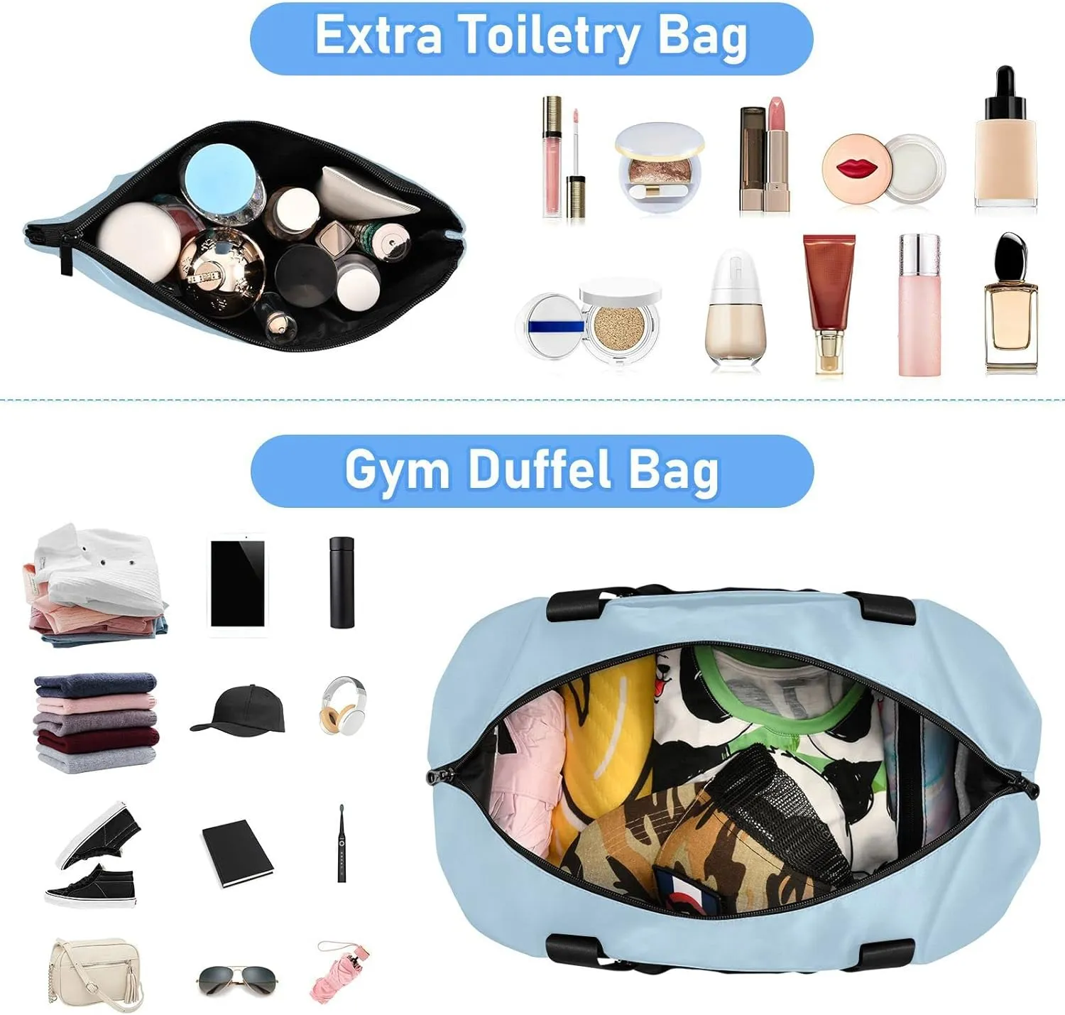 Custom Gym Duffel Bag - Light Blue, Personalized, Shoe Compartment, Weekender, Carry On, Overnight Bag for Women's Travel, Gym, Yoga, Sports