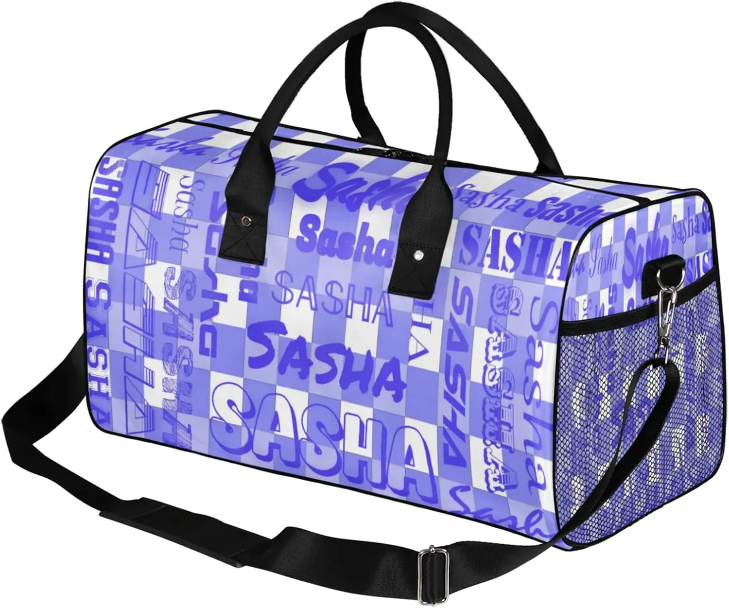 Custom Name Sport Duffel Bag, Personalized Gym Bag for Women, Cobalt Blue Buffalo Plaid Custom Travel Tote Bags for Dance Cheer, Overnight Weekender Bags