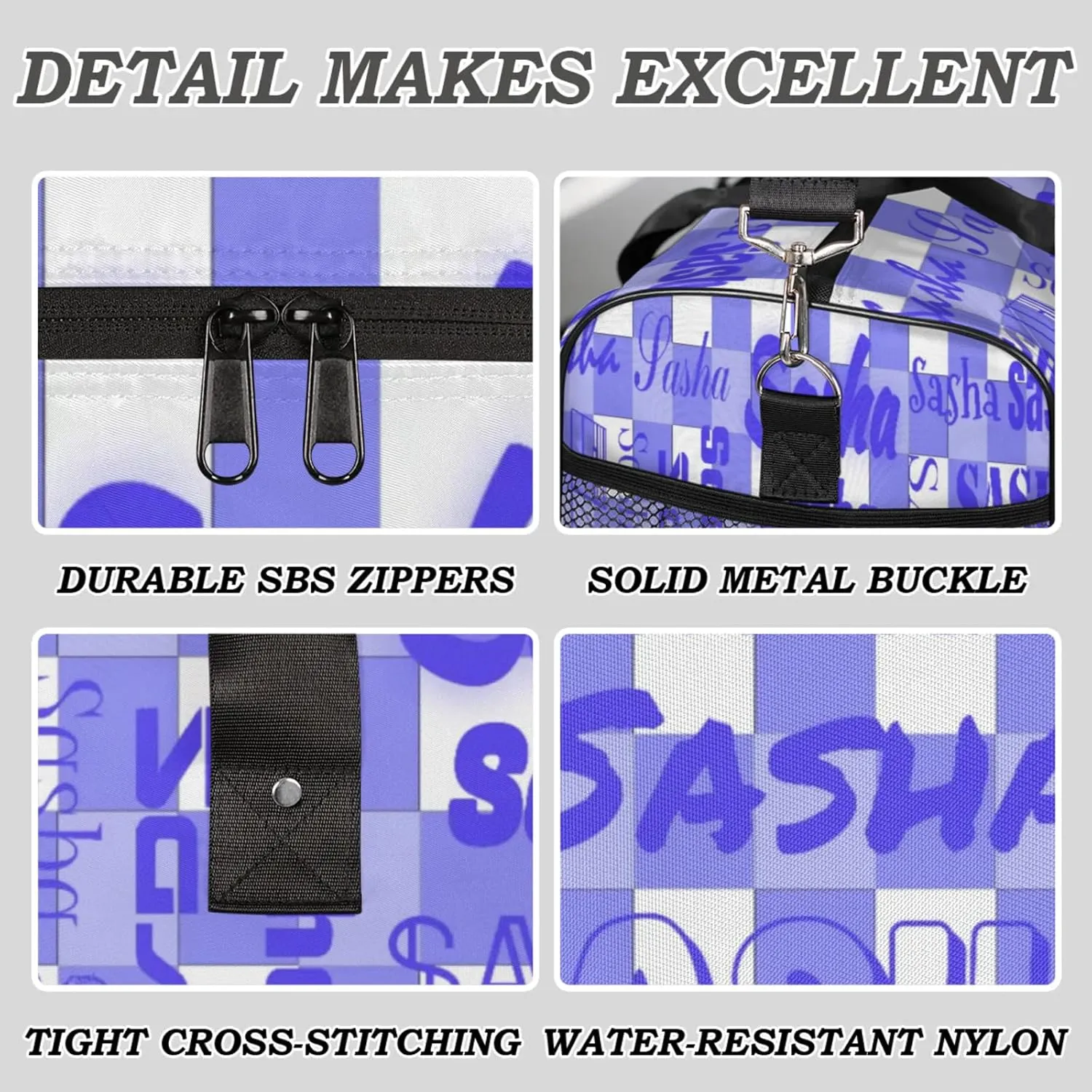 Custom Name Sport Duffel Bag, Personalized Gym Bag for Women, Cobalt Blue Buffalo Plaid Custom Travel Tote Bags for Dance Cheer, Overnight Weekender Bags