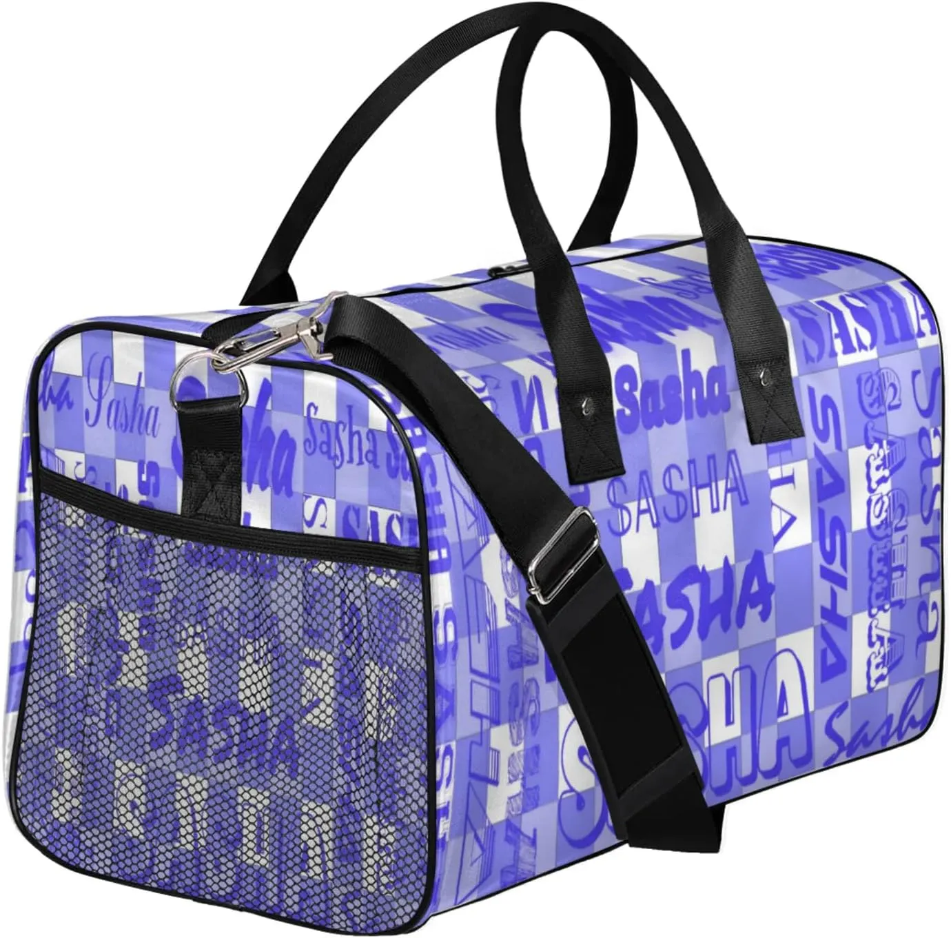 Custom Name Sport Duffel Bag, Personalized Gym Bag for Women, Cobalt Blue Buffalo Plaid Custom Travel Tote Bags for Dance Cheer, Overnight Weekender Bags