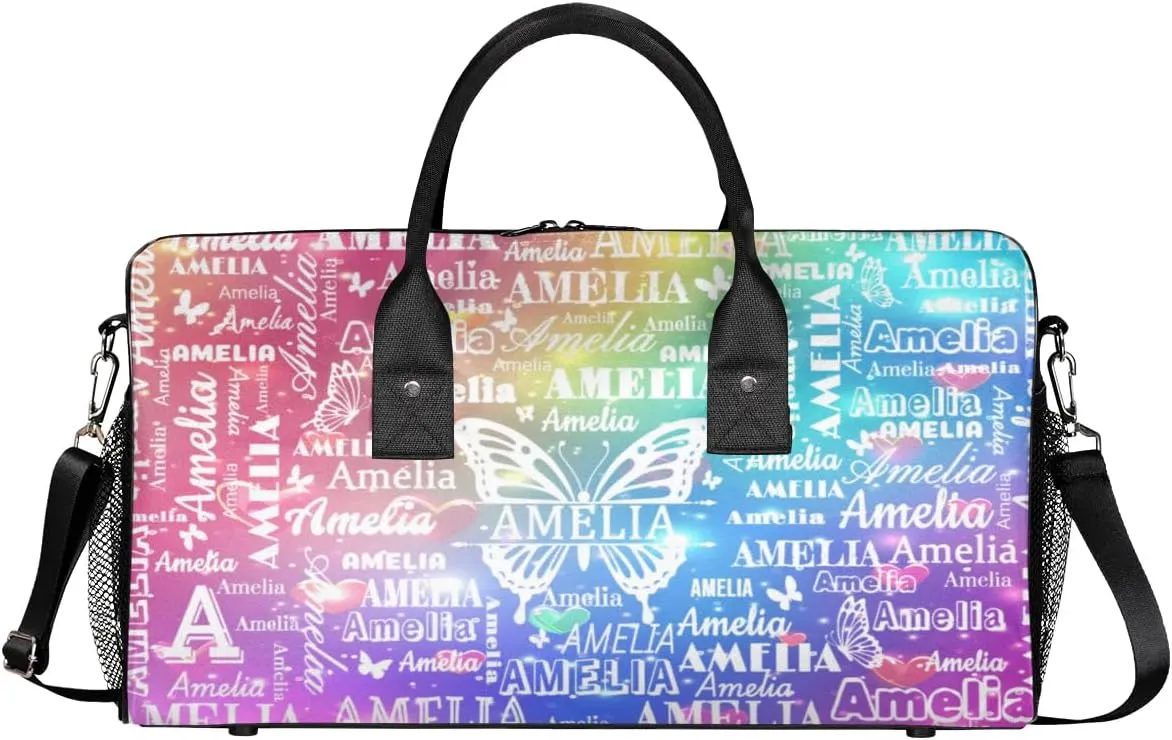 Custom Name Sport Duffel Bag with Initial, Personalized Gym Bag for Women, Custom Travel Tote Bags for Dance Cheer, Overnight Weekender Bags, Love Glitter Butterfly Bag