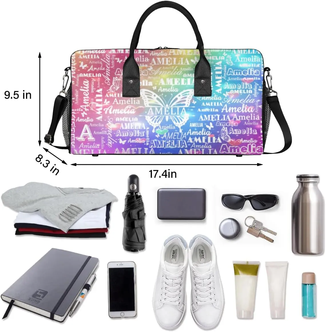Custom Name Sport Duffel Bag with Initial, Personalized Gym Bag for Women, Custom Travel Tote Bags for Dance Cheer, Overnight Weekender Bags, Love Glitter Butterfly Bag