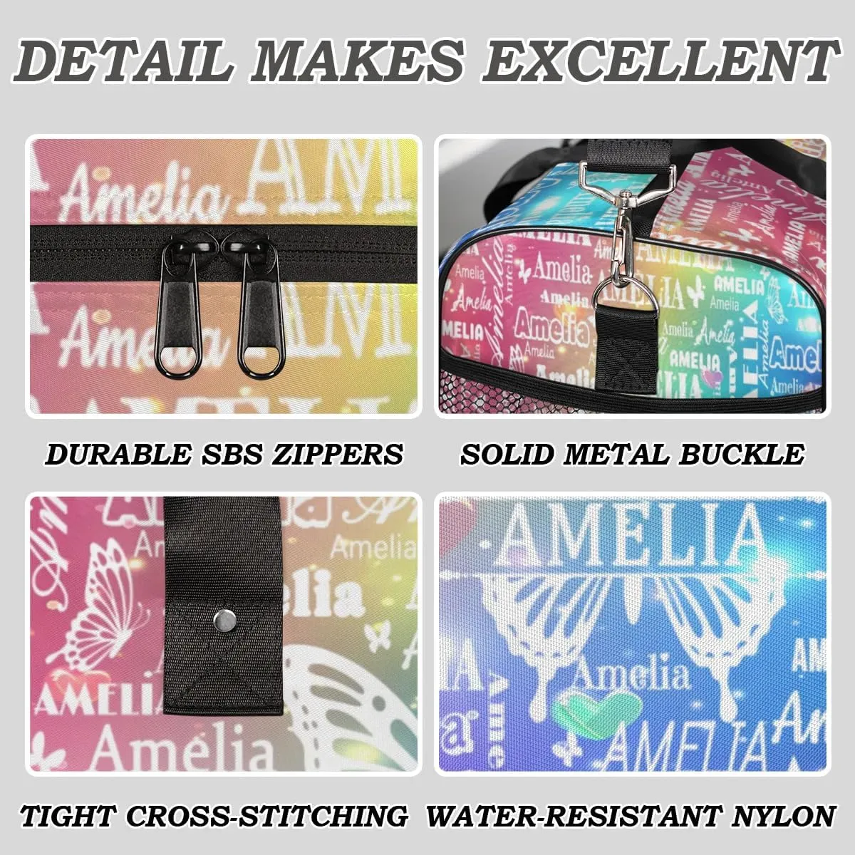 Custom Name Sport Duffel Bag with Initial, Personalized Gym Bag for Women, Custom Travel Tote Bags for Dance Cheer, Overnight Weekender Bags, Love Glitter Butterfly Bag