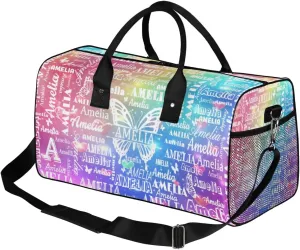 Custom Name Sport Duffel Bag with Initial, Personalized Gym Bag for Women, Custom Travel Tote Bags for Dance Cheer, Overnight Weekender Bags, Love Glitter Butterfly Bag