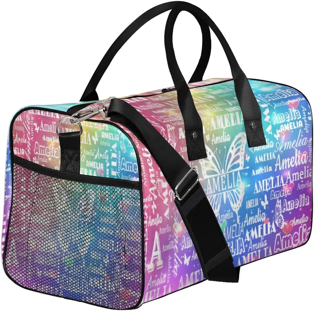 Custom Name Sport Duffel Bag with Initial, Personalized Gym Bag for Women, Custom Travel Tote Bags for Dance Cheer, Overnight Weekender Bags, Love Glitter Butterfly Bag