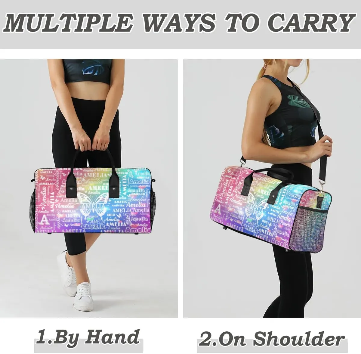 Custom Name Sport Duffel Bag with Initial, Personalized Gym Bag for Women, Custom Travel Tote Bags for Dance Cheer, Overnight Weekender Bags, Love Glitter Butterfly Bag