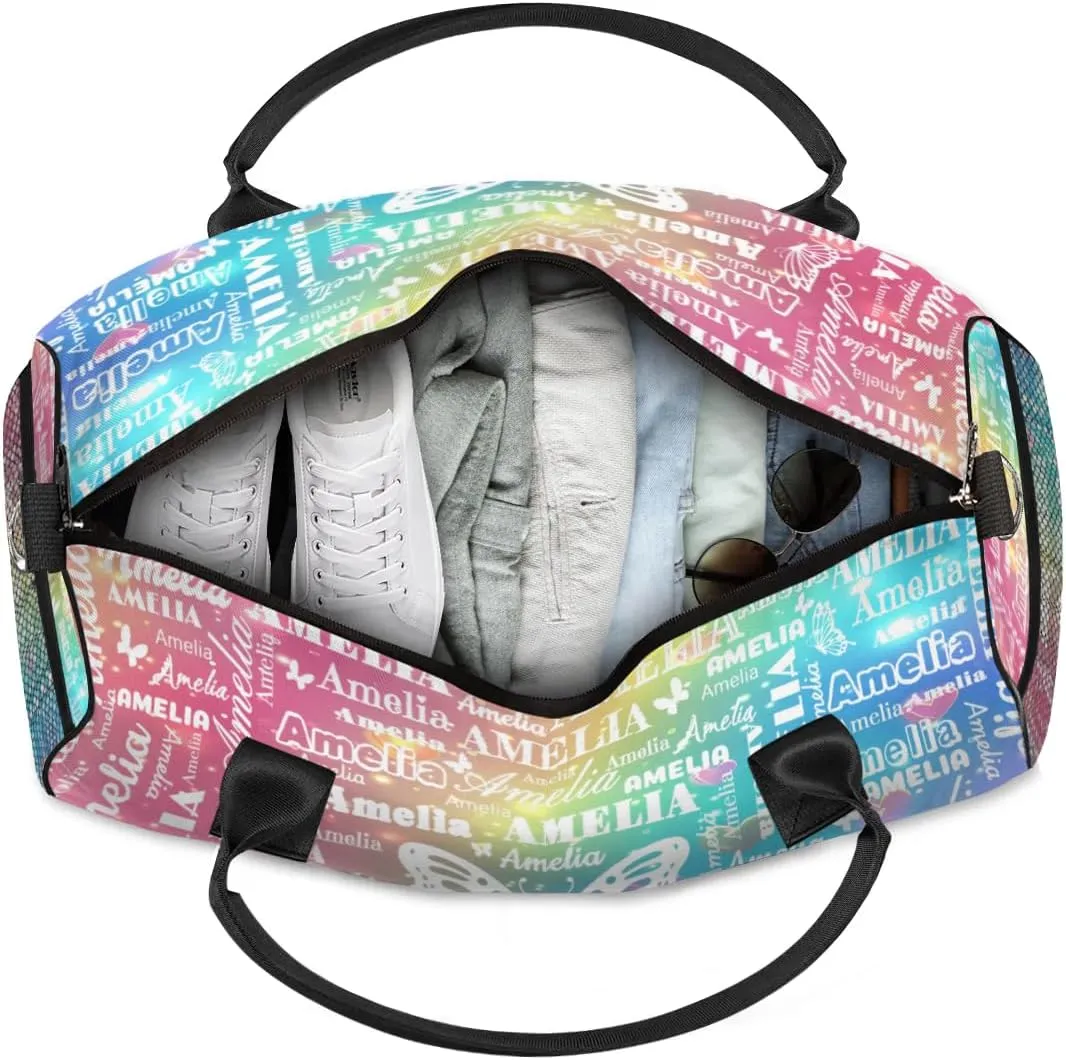 Custom Name Sport Duffel Bag with Initial, Personalized Gym Bag for Women, Custom Travel Tote Bags for Dance Cheer, Overnight Weekender Bags, Love Glitter Butterfly Bag