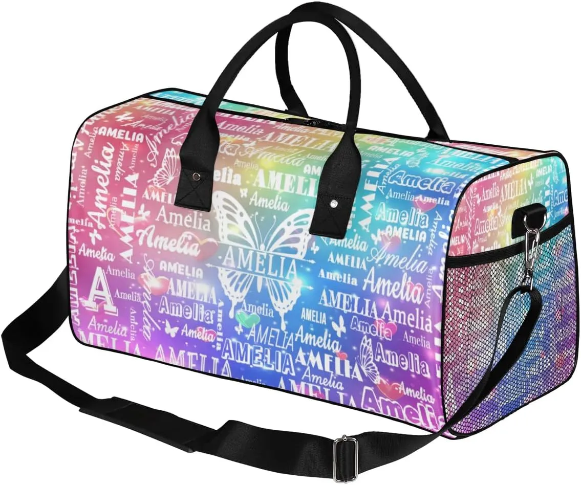 Custom Name Sport Duffel Bag with Initial, Personalized Gym Bag for Women, Custom Travel Tote Bags for Dance Cheer, Overnight Weekender Bags, Love Glitter Butterfly Bag