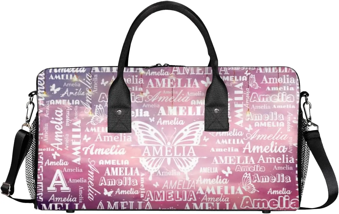 Custom Name Sport Duffel Bag with Initial, Personalized Gym Bag for Women, Custom Travel Tote Bags for Dance Cheer, Overnight Weekender Bags, Starry Sky Butterfly Bag