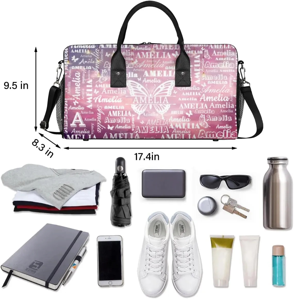 Custom Name Sport Duffel Bag with Initial, Personalized Gym Bag for Women, Custom Travel Tote Bags for Dance Cheer, Overnight Weekender Bags, Starry Sky Butterfly Bag