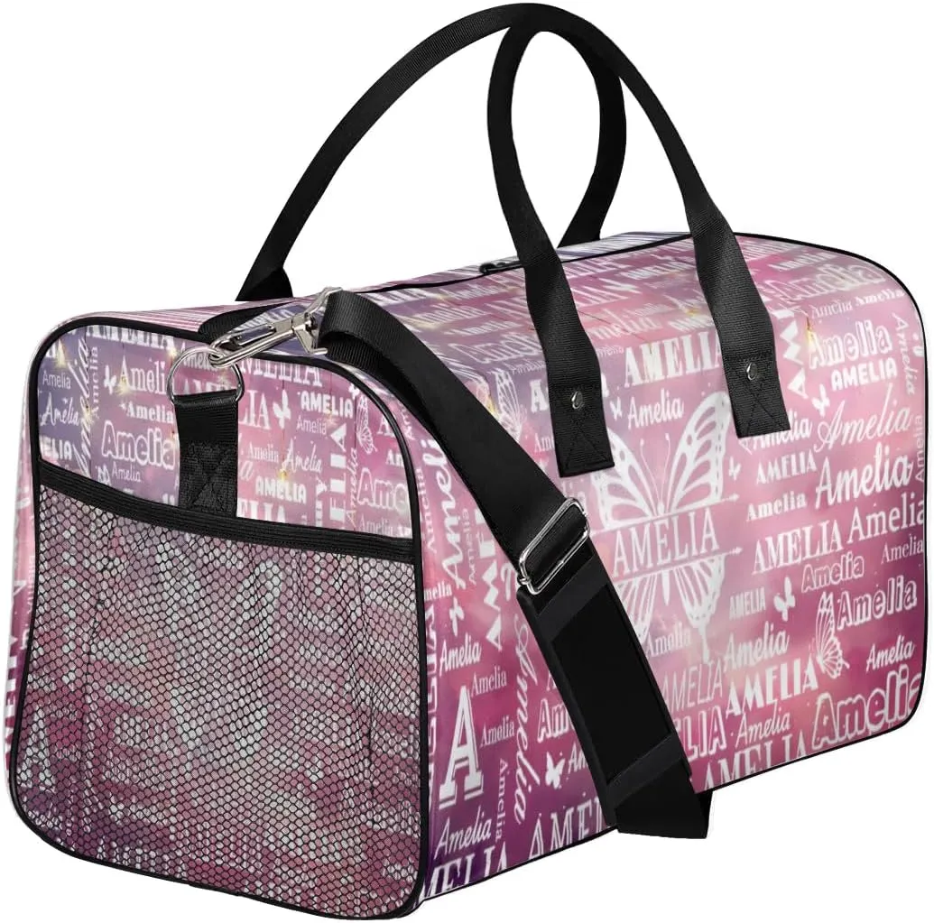 Custom Name Sport Duffel Bag with Initial, Personalized Gym Bag for Women, Custom Travel Tote Bags for Dance Cheer, Overnight Weekender Bags, Starry Sky Butterfly Bag