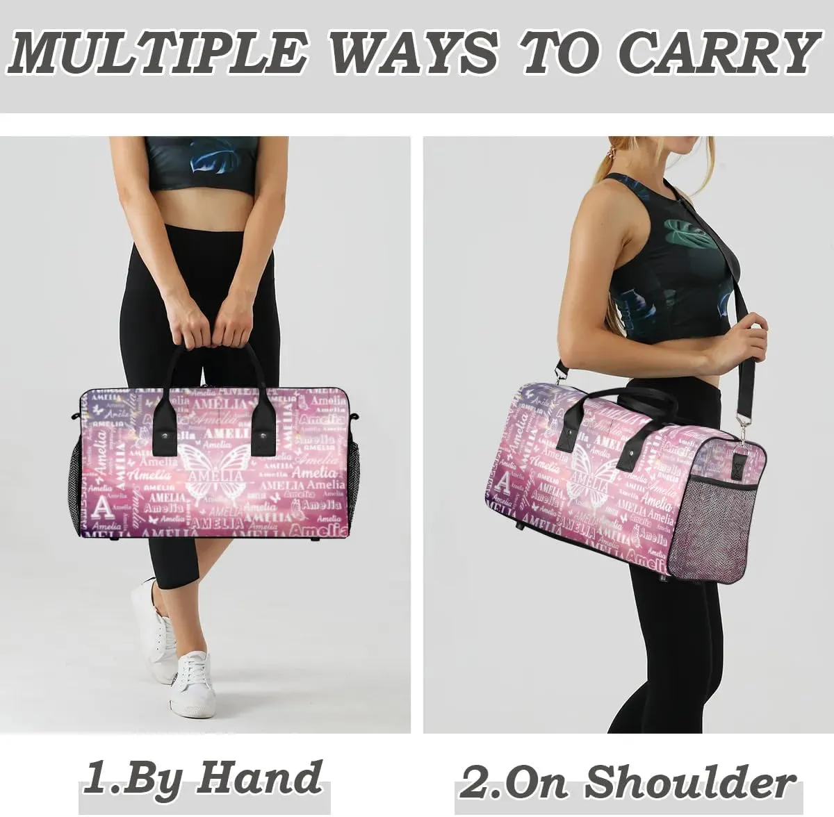 Custom Name Sport Duffel Bag with Initial, Personalized Gym Bag for Women, Custom Travel Tote Bags for Dance Cheer, Overnight Weekender Bags, Starry Sky Butterfly Bag