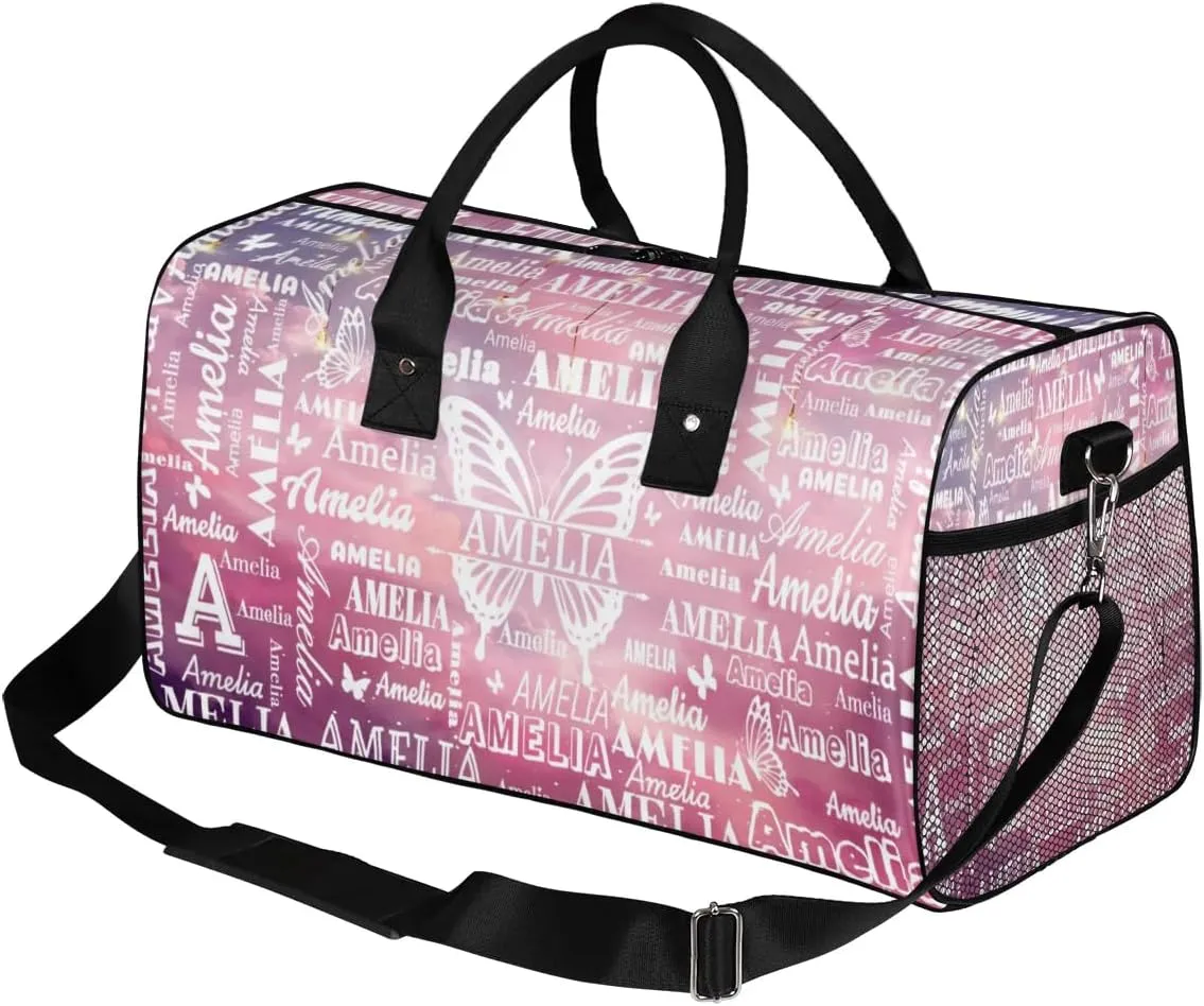 Custom Name Sport Duffel Bag with Initial, Personalized Gym Bag for Women, Custom Travel Tote Bags for Dance Cheer, Overnight Weekender Bags, Starry Sky Butterfly Bag
