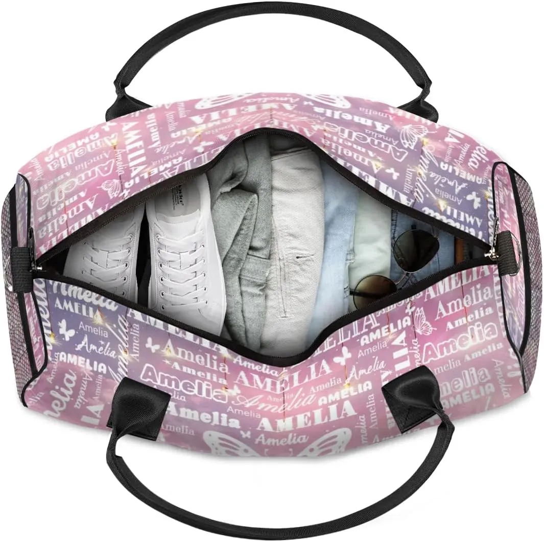 Custom Name Sport Duffel Bag with Initial, Personalized Gym Bag for Women, Custom Travel Tote Bags for Dance Cheer, Overnight Weekender Bags, Starry Sky Butterfly Bag