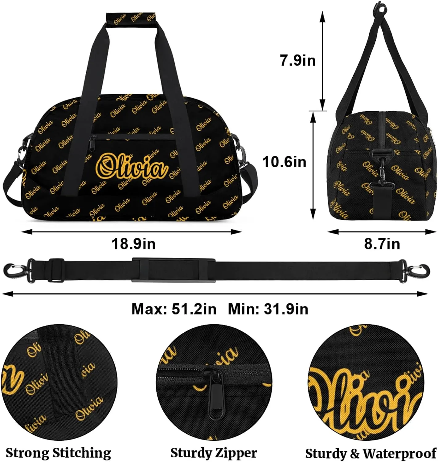 Custom Sport Duffel Bags Personalized Travel Overnight Bag Waterproof Dance Bag Lightweight Carry-On Tote for Women Men 18.9in, Black Yellow