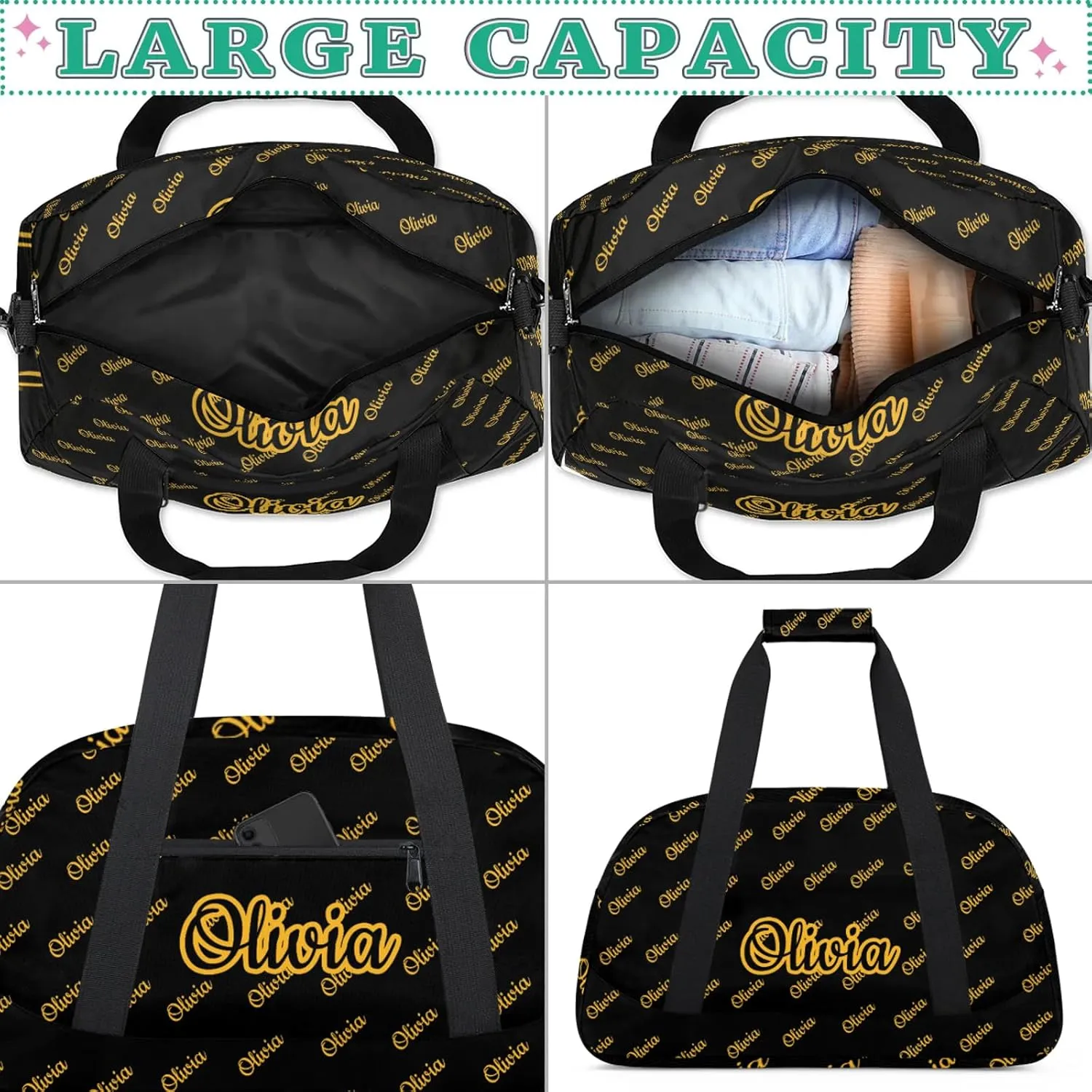 Custom Sport Duffel Bags Personalized Travel Overnight Bag Waterproof Dance Bag Lightweight Carry-On Tote for Women Men 18.9in, Black Yellow