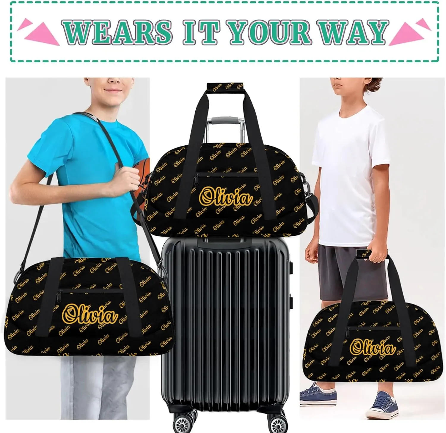 Custom Sport Duffel Bags Personalized Travel Overnight Bag Waterproof Dance Bag Lightweight Carry-On Tote for Women Men 18.9in, Black Yellow