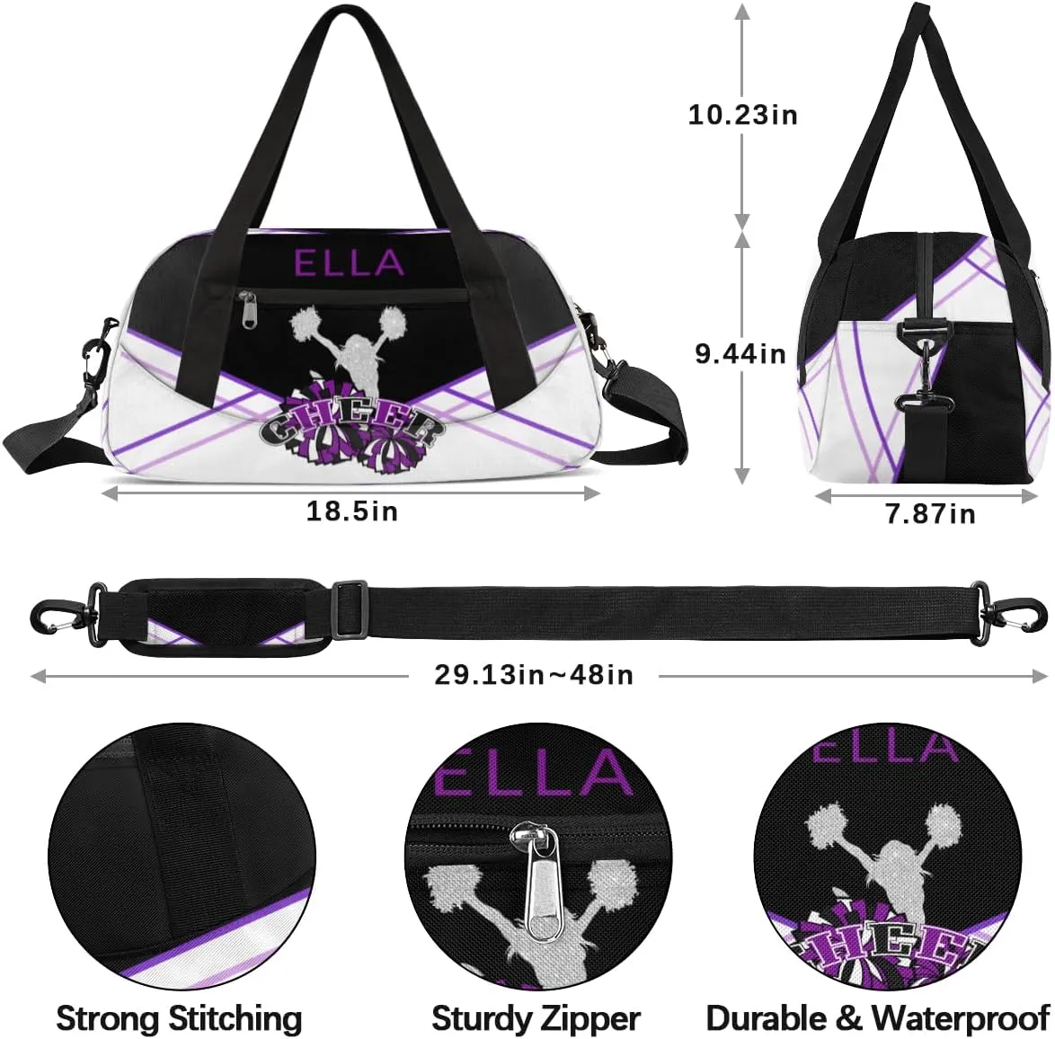 Custom Your Name Grey Cheerleaders Black Personalized Text Gym Duffle Bag for Kids,Sports Bag for Teens Boys & Girls Small Waterproof Overnight Weekender Carry School Practice Travel Bag