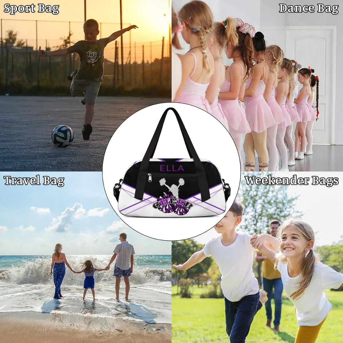 Custom Your Name Grey Cheerleaders Black Personalized Text Gym Duffle Bag for Kids,Sports Bag for Teens Boys & Girls Small Waterproof Overnight Weekender Carry School Practice Travel Bag