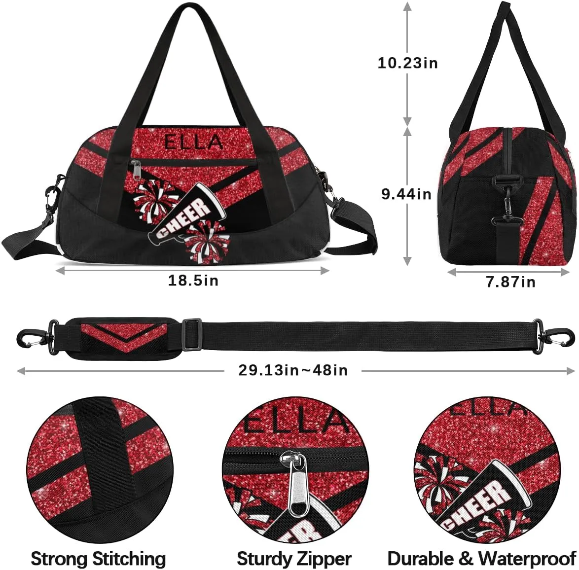 Custom Your Name Red Glitter Horn Personalized Text Gym Duffle Bag for Kids,Sports Bag for Teens Boys & Girls Small Waterproof Overnight Weekender Carry School Practice Travel Bag