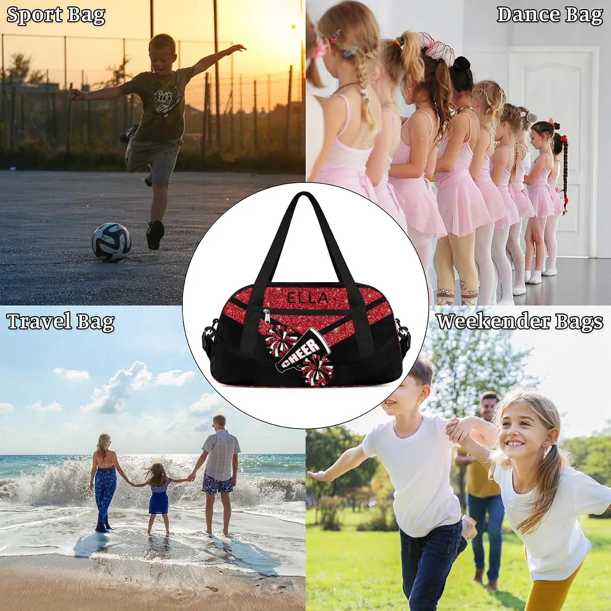 Custom Your Name Red Glitter Horn Personalized Text Gym Duffle Bag for Kids,Sports Bag for Teens Boys & Girls Small Waterproof Overnight Weekender Carry School Practice Travel Bag