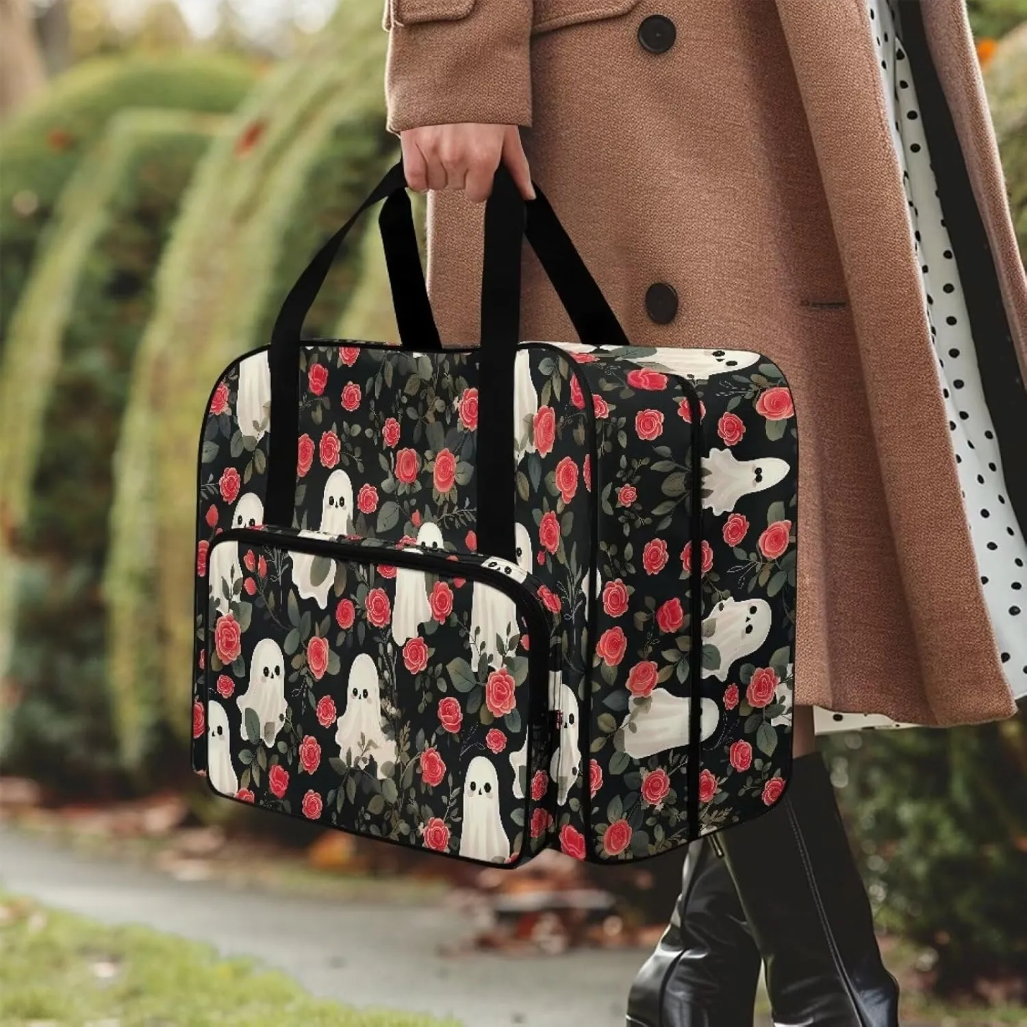 Cute Ghost Sewing Bags and Totes Organizer Rose Sewing Machine Cover with Convenient Pockets Protects and Decorates Sewing Machine for Trip Travel Comfortable Material