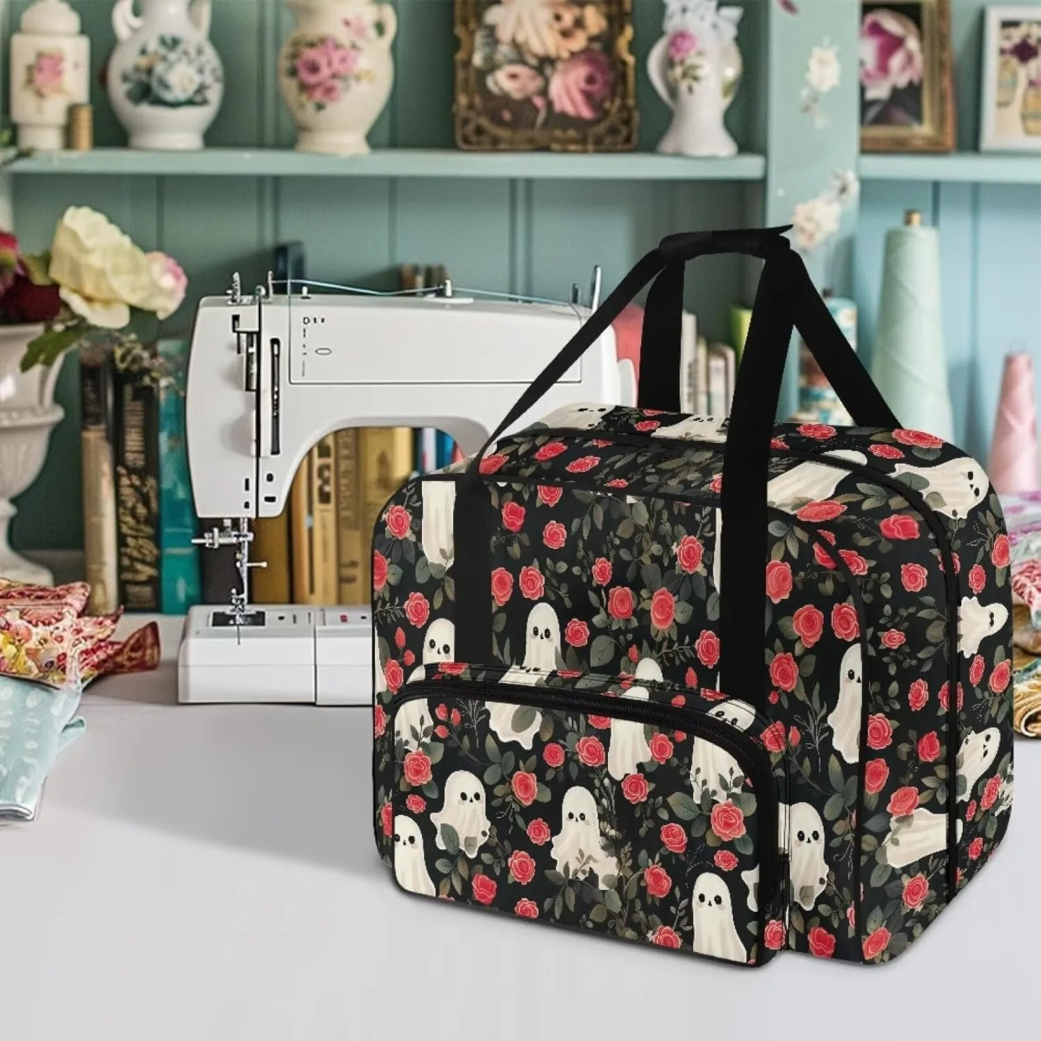 Cute Ghost Sewing Bags and Totes Organizer Rose Sewing Machine Cover with Convenient Pockets Protects and Decorates Sewing Machine for Trip Travel Comfortable Material