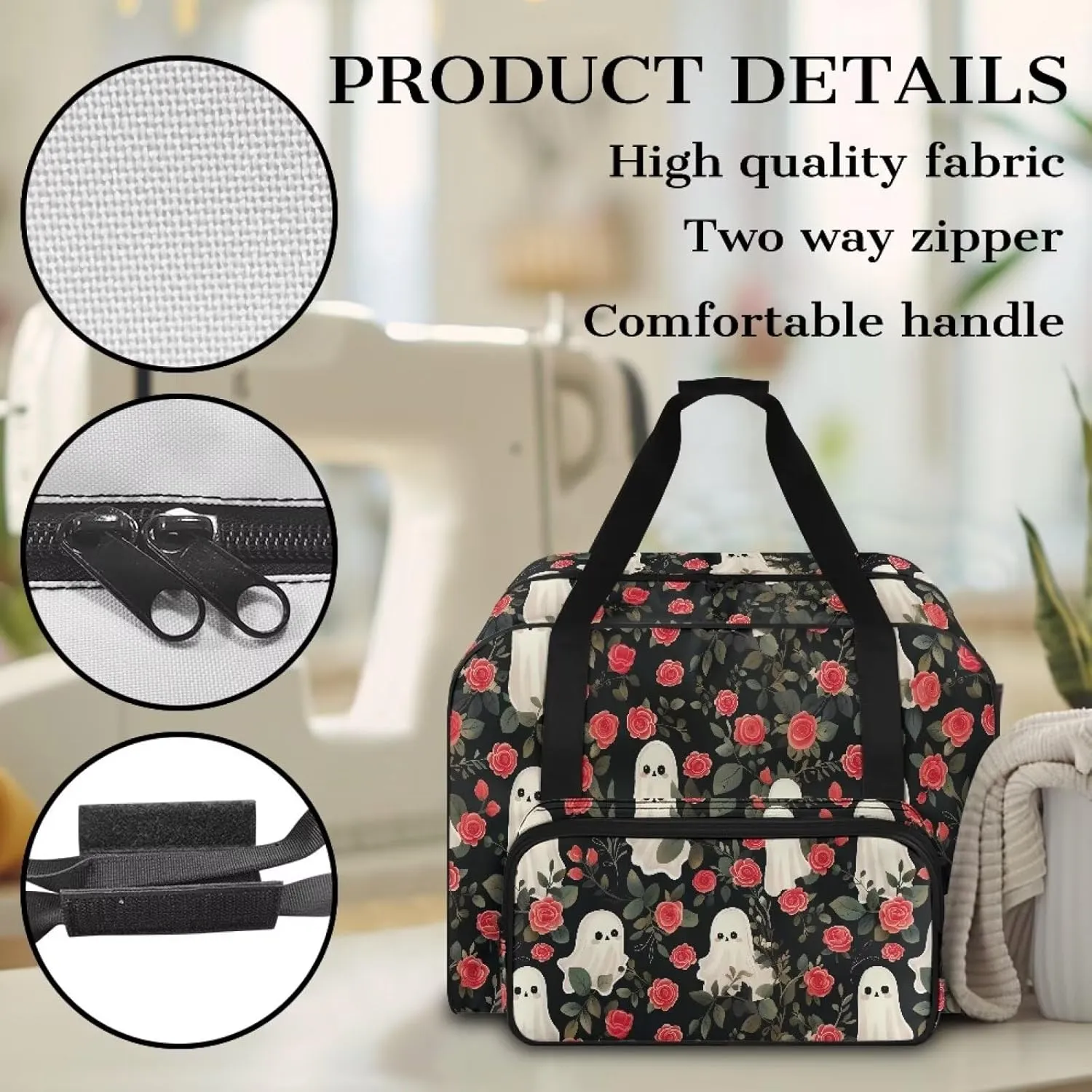 Cute Ghost Sewing Bags and Totes Organizer Rose Sewing Machine Cover with Convenient Pockets Protects and Decorates Sewing Machine for Trip Travel Comfortable Material