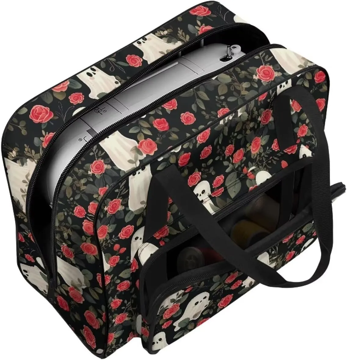 Cute Ghost Sewing Bags and Totes Organizer Rose Sewing Machine Cover with Convenient Pockets Protects and Decorates Sewing Machine for Trip Travel Comfortable Material