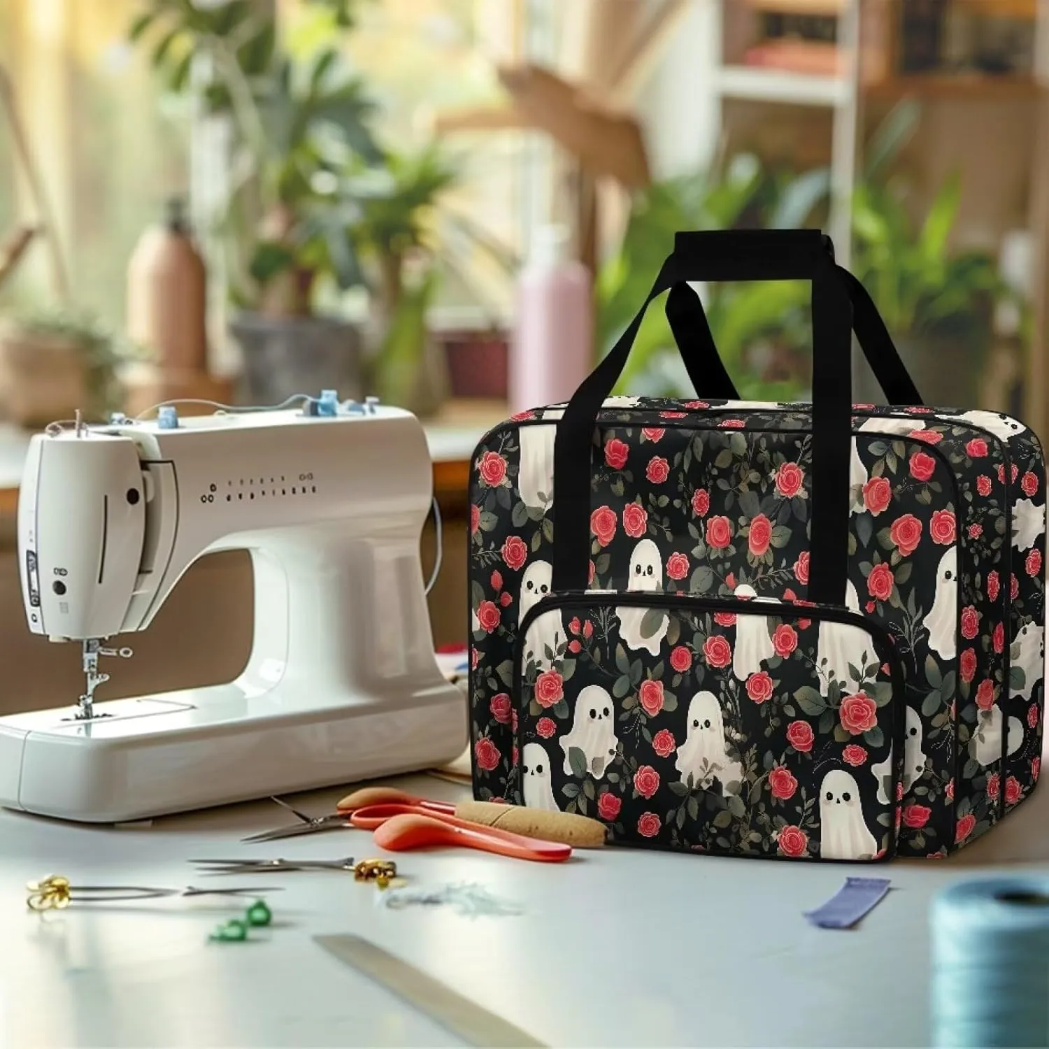 Cute Ghost Sewing Bags and Totes Organizer Rose Sewing Machine Cover with Convenient Pockets Protects and Decorates Sewing Machine for Trip Travel Comfortable Material