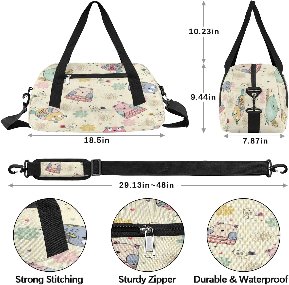 Cute Owls Birds Gym Bag, Duffle Bag, Weekender Bag, Duffel Bag, Overnight Bag, Travel Duffel Bag, Dance Bag, Tote Bag, Beach Bag, Pool Bag, Gym Duffle Bag, Carry on Bag