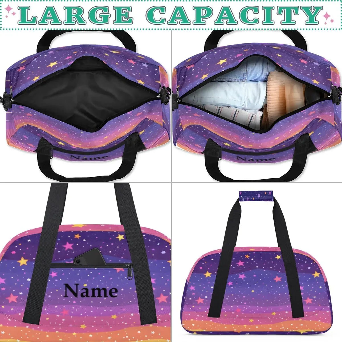 Cute Purple Stars Personalized Duffle Bag for Kids Custom Dance Ballet Bag with Name Lightweight Travel Weekender Overnight Bags Sport Gym Duffel Bags Workout Carry On Tote Bag for Girls Boys
