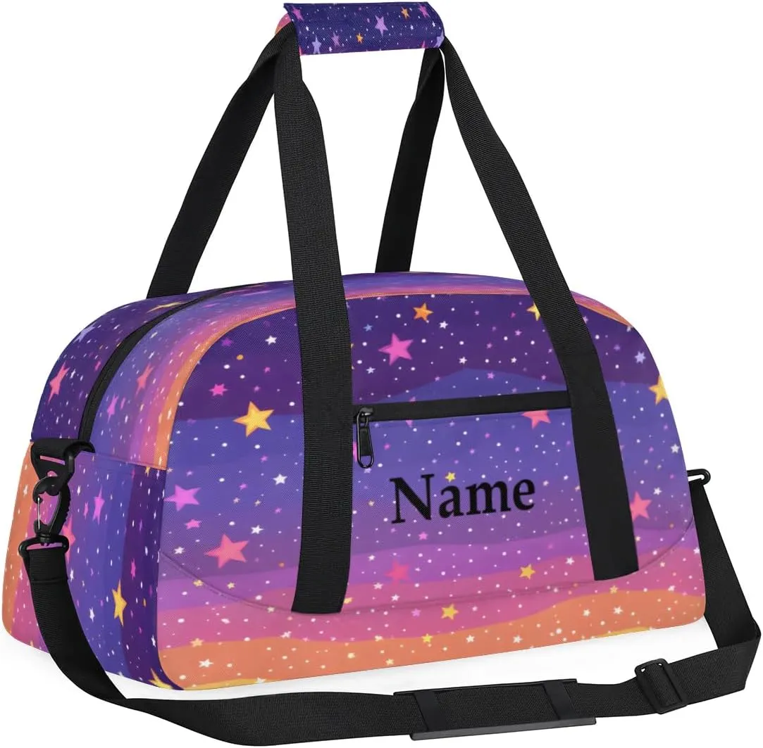 Cute Purple Stars Personalized Duffle Bag for Kids Custom Dance Ballet Bag with Name Lightweight Travel Weekender Overnight Bags Sport Gym Duffel Bags Workout Carry On Tote Bag for Girls Boys