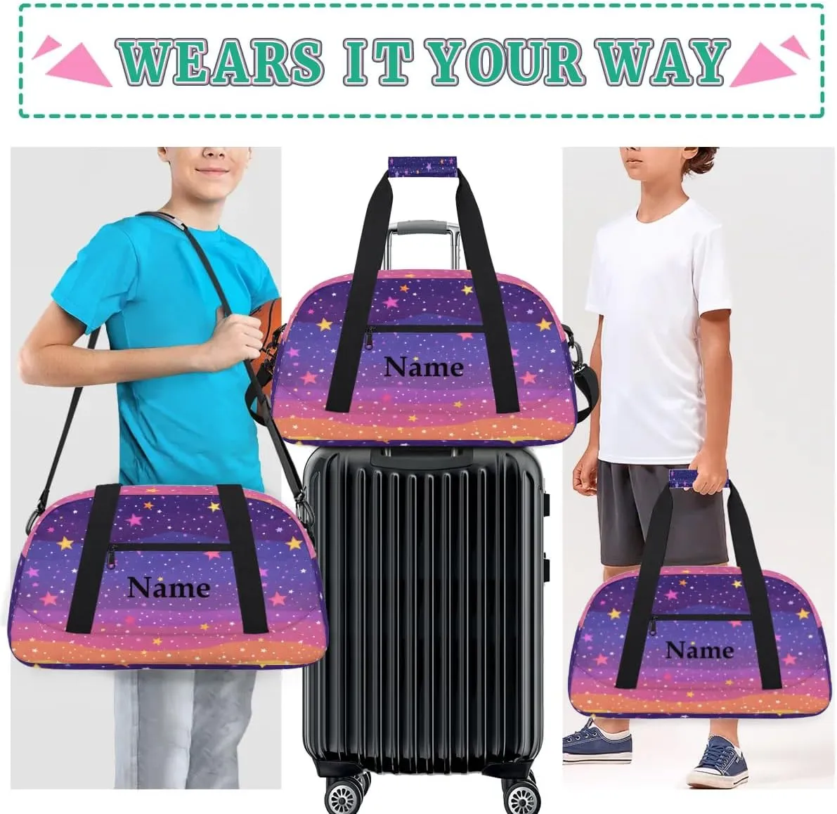 Cute Purple Stars Personalized Duffle Bag for Kids Custom Dance Ballet Bag with Name Lightweight Travel Weekender Overnight Bags Sport Gym Duffel Bags Workout Carry On Tote Bag for Girls Boys