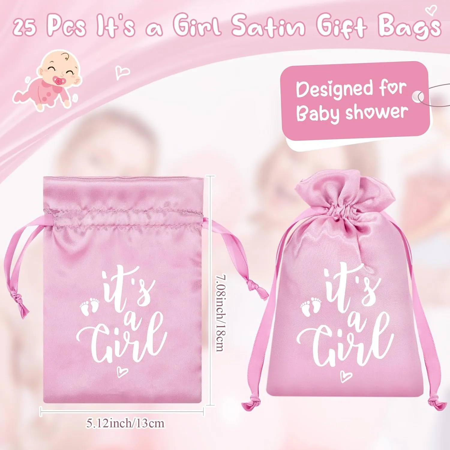 Dansydaisy 25 Pcs Baby Shower Favors for Guests It's a Girl Satin Gift Bags with Drawstring Fabric Drawstring Pouch for Baby Shower Gender Neutral Gender Reveal Decorations
